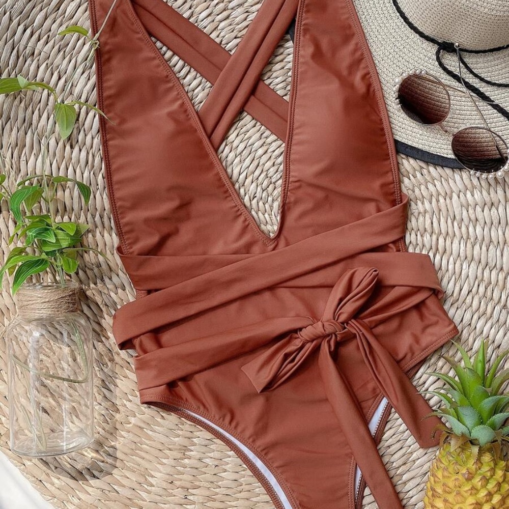 boho White plunging neckline wrap tie monokini one Piece swim - Picture 3 of 12